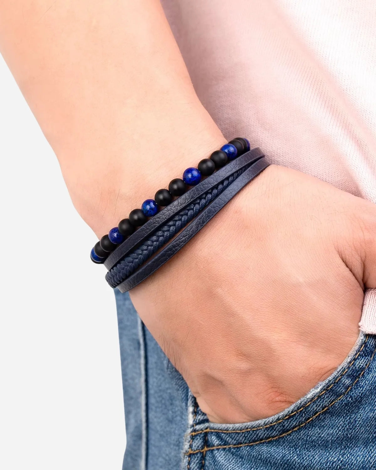 Pulsera de Cuero con Cuentas de Piedras Naturales