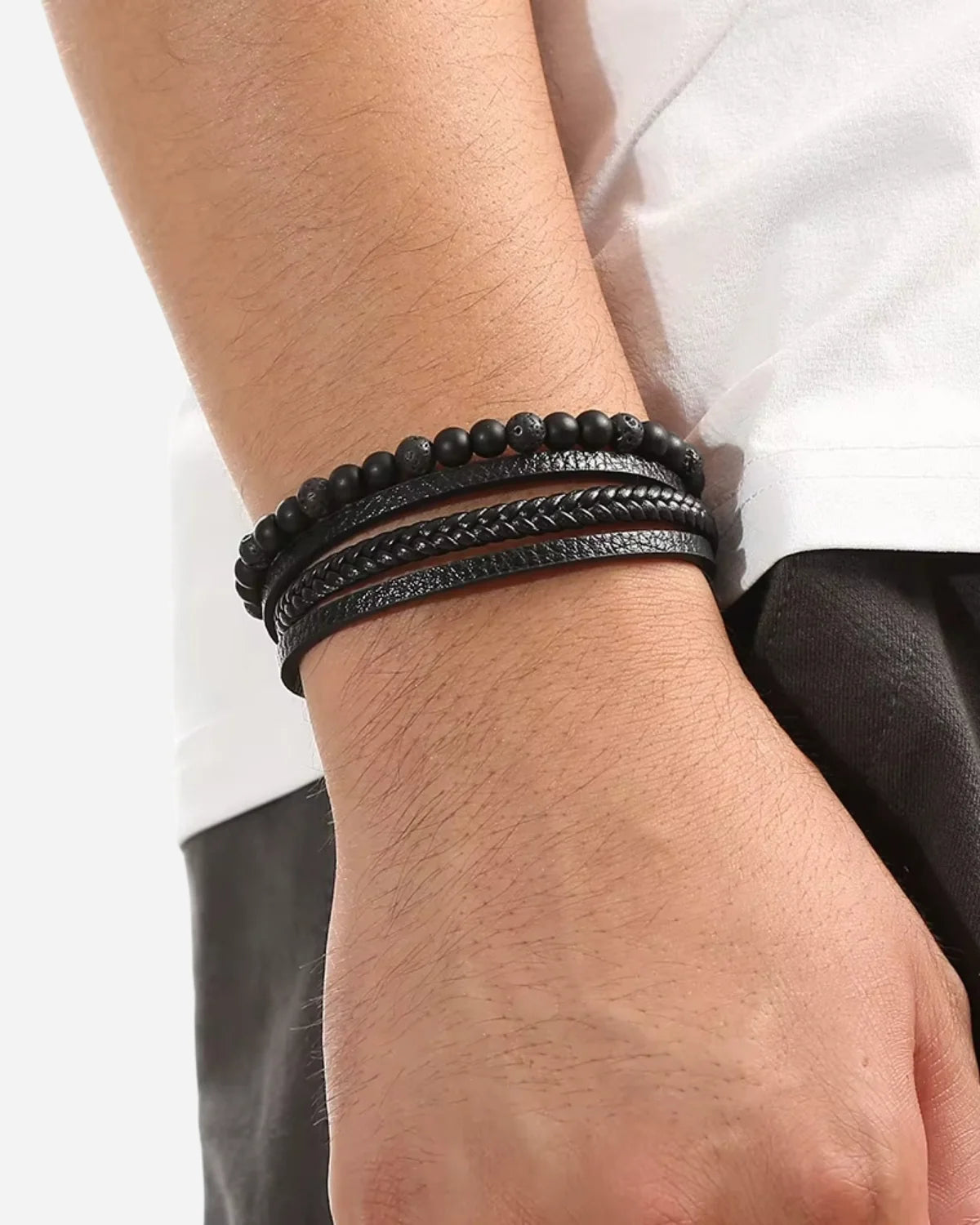 Pulsera de Cuero con Cuentas de Piedras Naturales